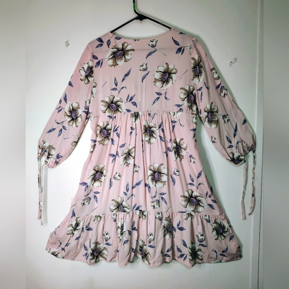 Entro floral Tunic Sundress Ruffles V-neck Rayon Pink oversized S. - Picture 3 of 16